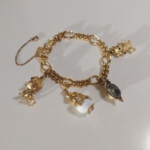 MONET Signed Gold Toned Four Dangle Removable Playful Charm Statement Bracelet